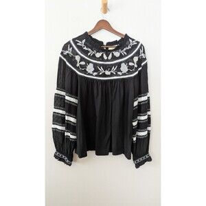 Maeve Embroidered Top Size M Puff Sleeve Sheer Lace Boho Peasant Victorian Black